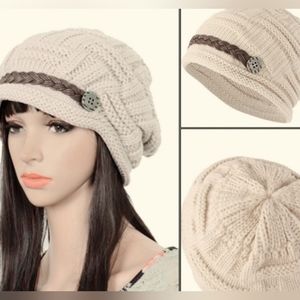 Gangnam Style Knit Hat in Salmon Peach with leather strap around the front.